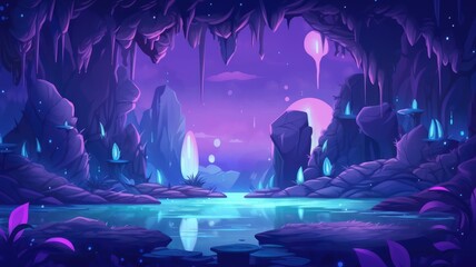 cartoon illustration A mystical and serene cave illuminated by glowing purple crystals, with a tranquil pool reflecting,