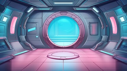 cartoon illustration futuristic space station interior with a starry view and artificial intelligence screens.