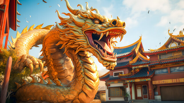Golden dragon statue in chinese temple with blue sky background. Dragon chinese wallpaper, Happy Lunar New Year