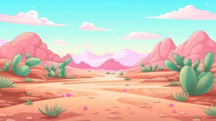 Fototapeta na wymiar cartoon illustration desert landscape adorned with blooming cacti under a clear sky.