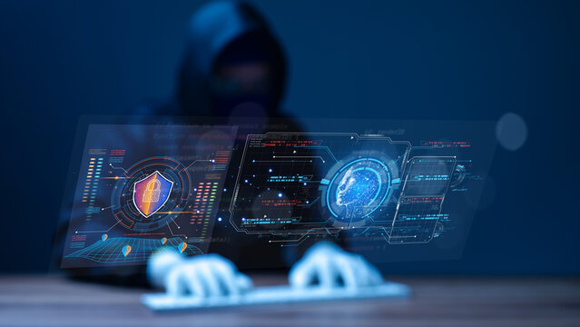 Hacker faces a formidable cyber security system with a firewall and artificial intelligence, defending against unauthorized login attempts and ensuring password protection on the computer screen