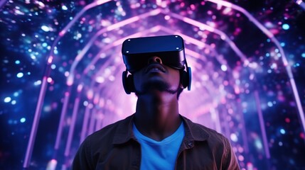 Amazed Man in VR Headset Explores the Metaverse. Virtual Space, Gaming, Entertainment, Futuristic
