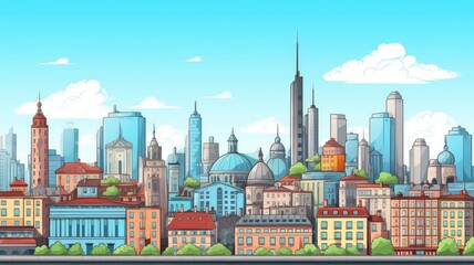 Obraz premium cartoon illustration cityscape showcasing a harmonious blend of classical and modern architecture, with a serene river flowing under a stone bridge.