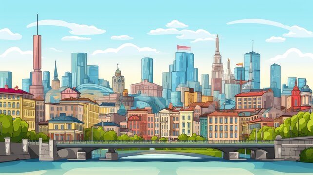 cartoon illustration cityscape showcasing a harmonious blend of classical and modern architecture, with a serene river flowing under a stone bridge.