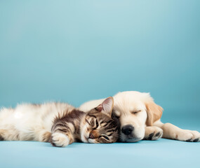 Sleeping tabby cat cuddled with golden retriever puppy against blue backdrop, ample text space.

