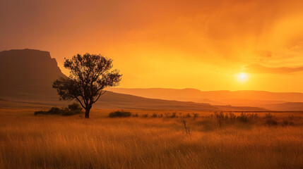 Fototapeta na wymiar Burning savannah with orange sky in background