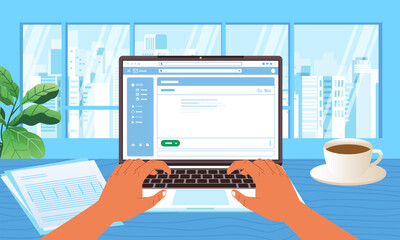 Business hands typing laptop keyboard browser on screen at Office desk concept