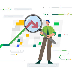 Business man standing with magnifying glass on Stock market chart monitoring statistics financial graph report