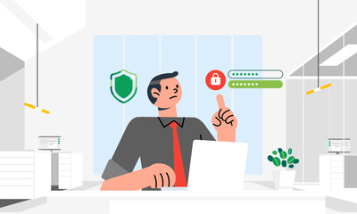 Businessman with laptop in office setting business security strategy with floating graphic and chart screen