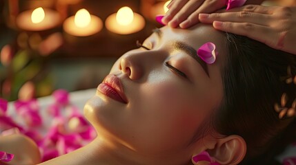 Obraz na płótnie Canvas massage room,light form cndle,pink lotus petals,thai girls being head massaged,closeup shot,portait,realistic 