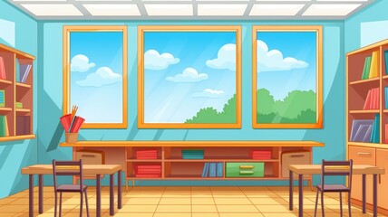 cartoon illustration classroom interior, furnished with desks, chairs, and educational materials.
