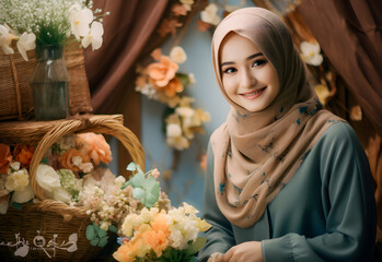 Beautiful asian muslim woman wearing hijab with flower background. - obrazy, fototapety, plakaty