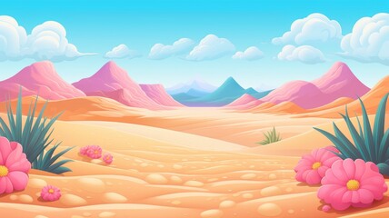 Fototapeta na wymiar Cartoon nature sand desert landscape with palms, herbs and mountains.