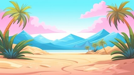 Fototapeta na wymiar Cartoon nature sand desert landscape with palms, herbs and mountains.
