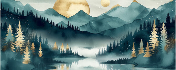 Watercolor Abstract mountains. Aesthetic minimalist boho landscape  style of dark teal and light gold texture background wallpaper. illustration for prints wall arts and canvas.