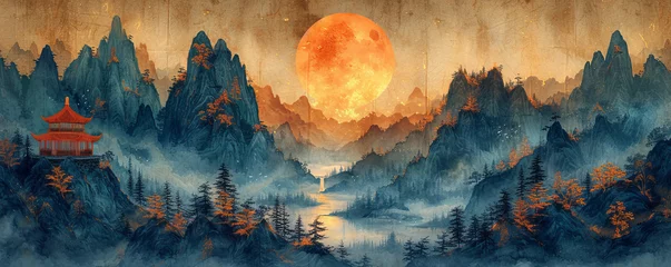 Fotobehang  Abstract mountains. Aesthetic watercolor Chinese golden mountain with pavilions background wallpaper. illustration for prints wall arts and canvas. © peacefy