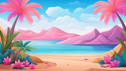 Cartoon nature sand desert landscape with palms, herbs and mountains.