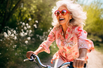 Close-up of a beautiful elderly woman 65 years old riding a bicycle in the park, summer, active outdoor recreation