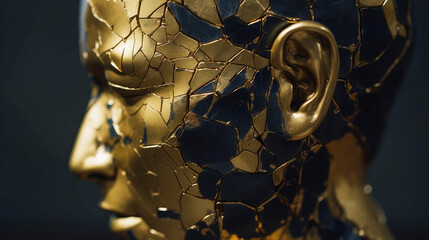 Kintsuki, Japanese ceramic head glued with gold. Concept of not constancy, imperfection of world. AI generated.