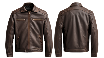 Men's brown leather jacket showcasing front and back views mock-up, cut out