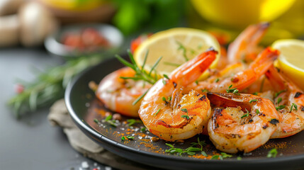 Grilled shrimp with lemon and spices, beautiful serving dishes, restaurant, homemade food, grilled seafood.