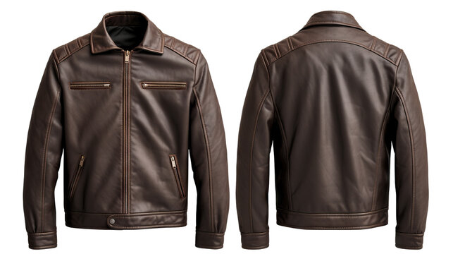 Men's brown leather jacket showcasing front and back views mock-up, cut out