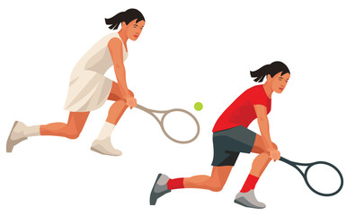 Two girl figures of a Japanese women's tennis player in a red and white uniform hitting a ball crouching down