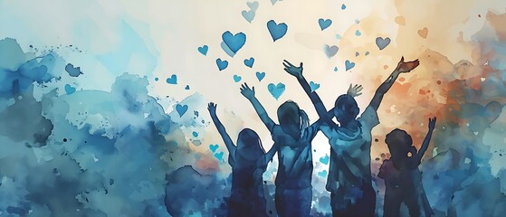 Children raise their arms and hands to the sky full of blue hearts. Concept peace on earth, charity,  volunteer work. Dreams will come true, silhouette illustration.