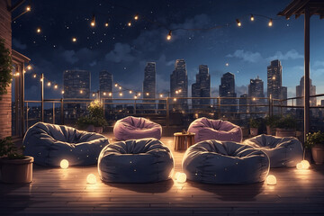 Bean bags on the rooftop at night with sparkling lights in sketch