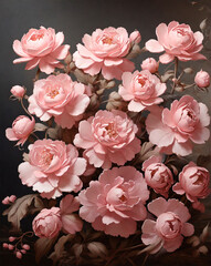 Delicate pink flowers on a dark background, a bouquet of flowers with peony buds. AI generation.