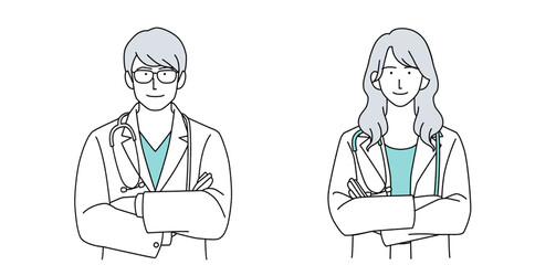 男女の医師の人物イラスト 聴診器あり