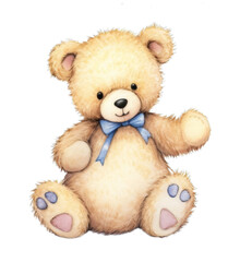 Obraz premium Watercolor teddy bear with a blue bow tie on a transparent background.