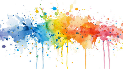 Colorful watercolor paint splashes blending on white paper, creating a vivid spectrum.