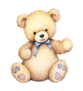 Watercolor teddy bear with a blue bow tie on a transparent background.