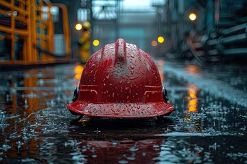 Red hard safety wear helmet hat in the project at construction site building on concrete floor on city with sunlight - obrazy, fototapety, plakaty