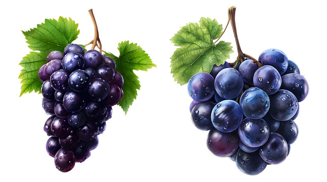 Bunch of black grapes with green leaves isolated on transparent background.