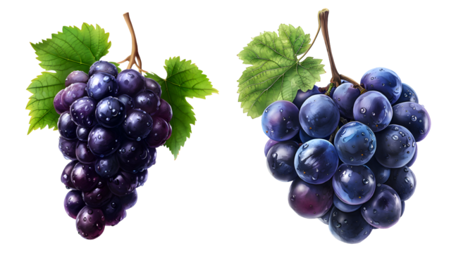 Bunch of black grapes with green leaves isolated on transparent background.