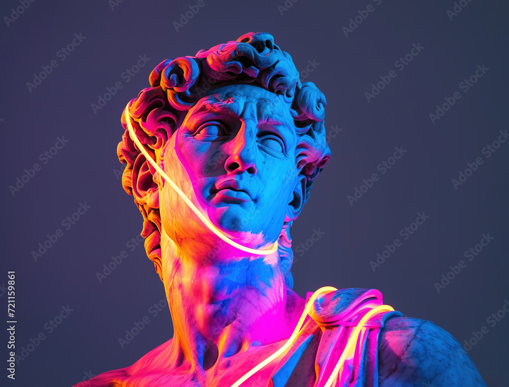 Wall mural Ancient Greek sculpture of a man with neon wire light
