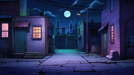 cartoon illustration Dark back street alley with a door to a bar,