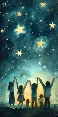 Fototapeta na wymiar Children raise their arms and hands to the starry sky at night. Concept every child needs a future, charity, volunteer work. Dreams will come true, silhouette illustration.