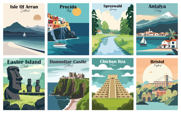 Antalya, Turkey. Bristol, England. Chichen Itza, Mexico. Dunnottar Castle, Scotland. Easter Island, Chile. Isle Of Arran, Scotland. Procida, Italy. Spreewald, Germany.