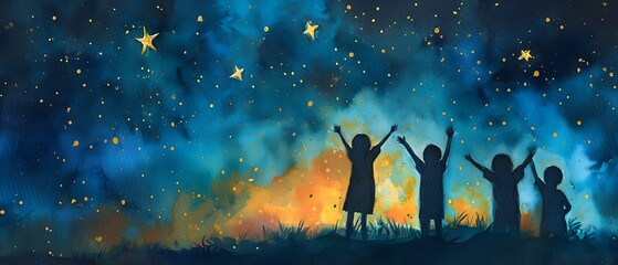Children raise their arms and hands to the starry sky at night. Concept every child needs a future, charity,  volunteer work. Dreams will come true, silhouette illustration. - obrazy, fototapety, plakaty