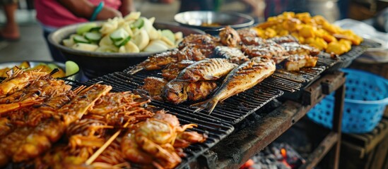 Naklejka premium Grilled meat and fish from Cambodia's Tonle Sap Lake in Siem Reap.