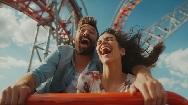 Paar f&auml;hrt zusammen Achterbahn und ist gl&uuml;cklich vor lauter Adrenalinkick Generative AI