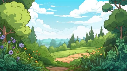 cartoon Dense foliage, shrubs and a clearing at the edge. Nature illustration.