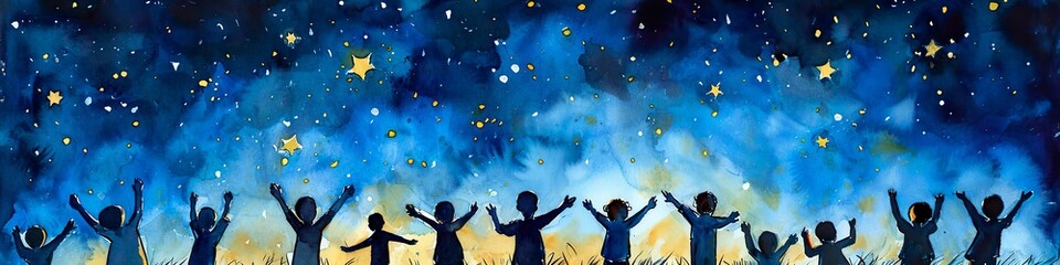 Children raise their arms and hands to the starry sky at night. Concept every child needs a future, charity,  volunteer work. Dreams will come true, silhouette illustration. - obrazy, fototapety, plakaty