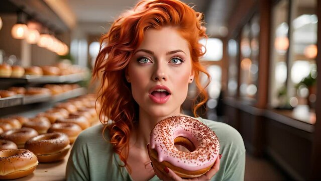 Beautiful woman eating a donut in a candy store. AI