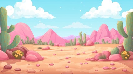 Fototapeta na wymiar cartoon desert landscape with cacti and colorful flora under a clear sky.