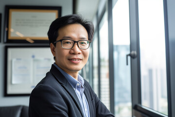 Portrait of asian smiling businessman indoor
