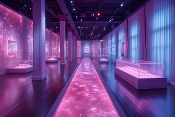 A museum exhibit lit with violet gels, accentuating the features of the displays. Concept of dramatic and thematic lighting in exhibitions. Generative Ai.
